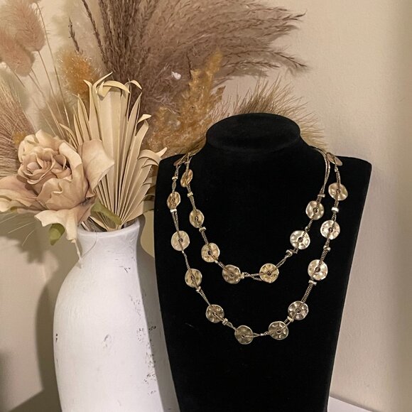 Vintage Hammered Gold Disc Station Boho Necklace
